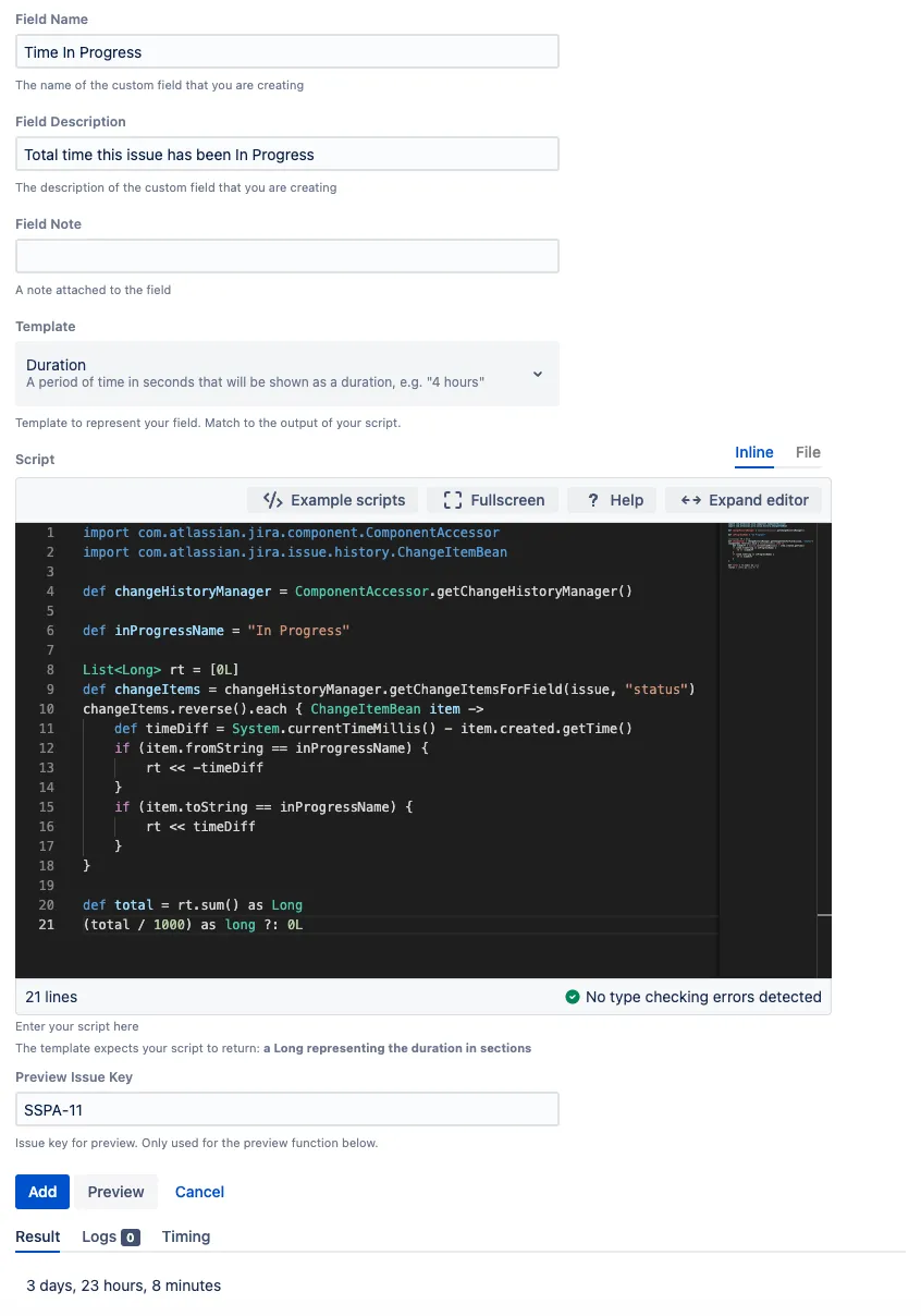 Jira custom field configuration screen showing the Time In Progress scripted field with the Duration template selected.