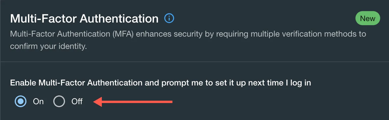 The Multi-Factor Authentication screen with the On and Off options regarding enablement shown.