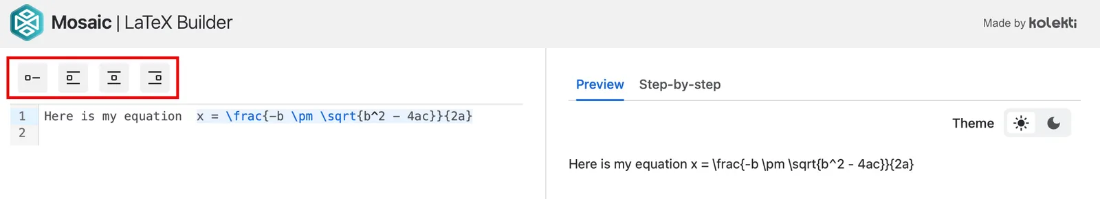 Equation alignment buttons in the LaTeX Builder toolbar showing inline and block alignment options