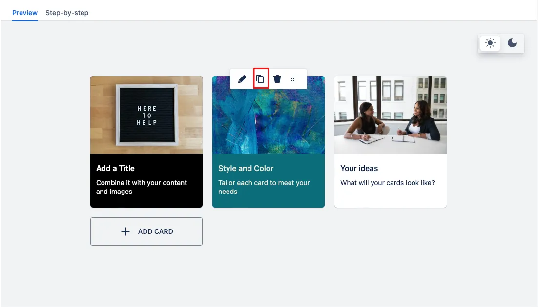 Advanced Cards interface showing the Copy button highlighted next to an existing card in the card preview
