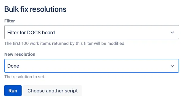 Bulk Fix Resolutions page showing filter selection, New resolution field, and Run button used to update resolutions for multiple Jira issues.