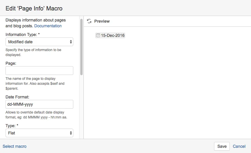 An example Edit Page Info Macro dialog.