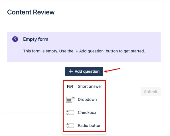 Quiz Builder interface with the Add question button and question type selection panel.
