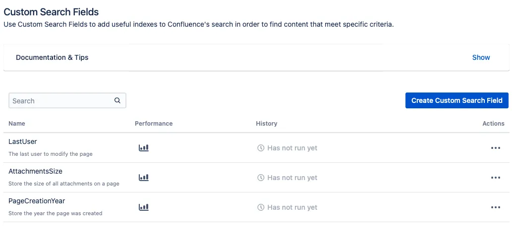The Custom Search Fields page.