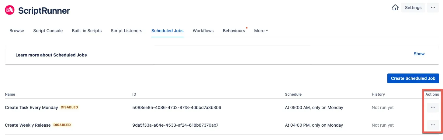 Scheduled Jobs list showing existing scheduled jobs