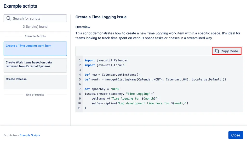 Example Scheduled Job configuration for creating a time logging work item, showing fields for job name, schedule, user, and Groovy code editor