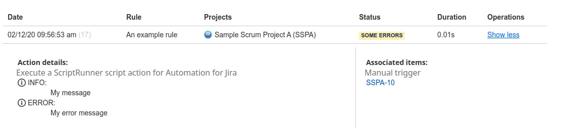 Automation for Jira audit log showing an information message and an error message generated by the addMessage and addError functions.