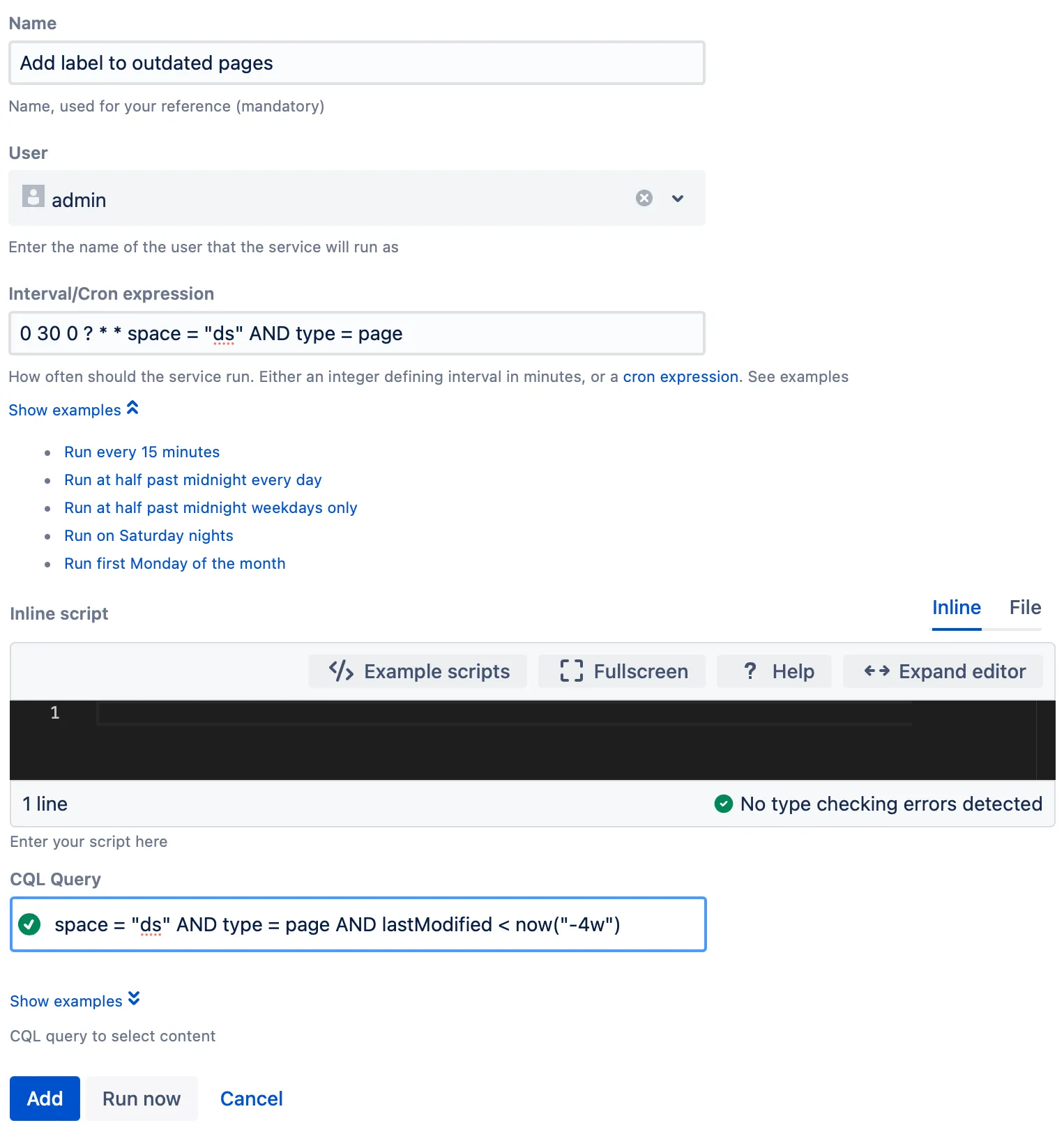 The script form with example content.