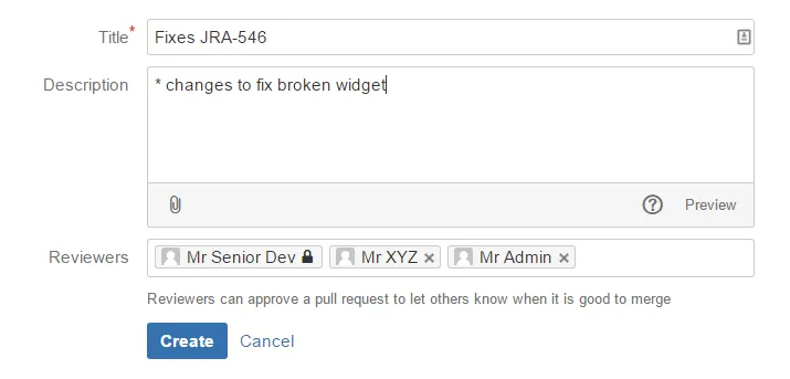 Pull request creation dialog showing automatically added reviewers, including Mr Senior Dev, Mr XYZ, and Mr Admin from the authorised-devs group.