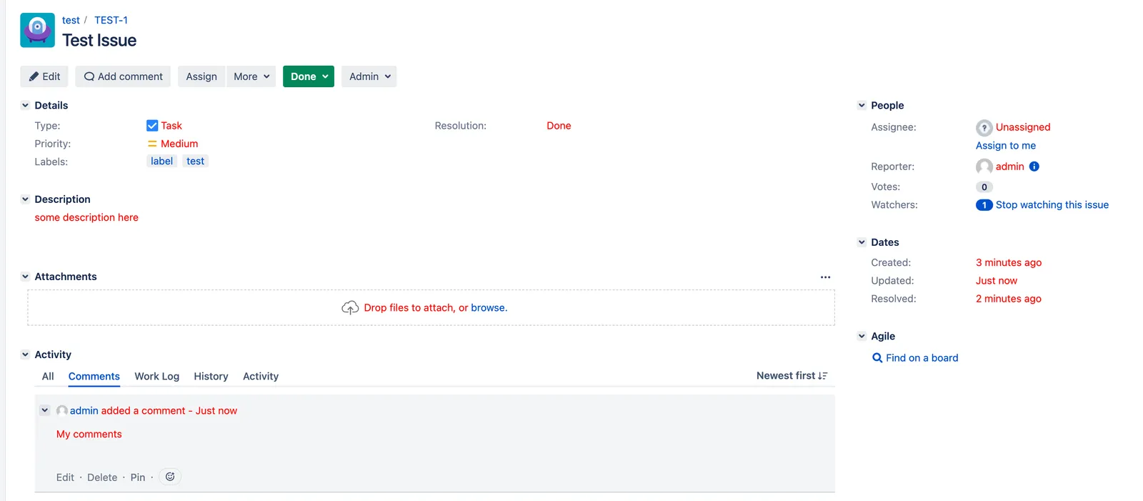 Jira issue view screen showing all page text styled in red after applying the red-text.css ScriptRunner web resource