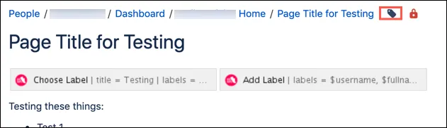 The labels button highlighted on a Confluence page in edit mode.