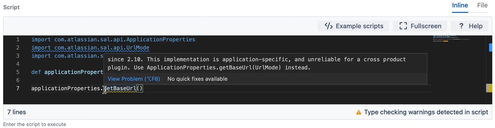 A Script Editor screenshot showing an error for a deprecated method.