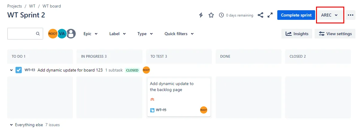 Image showing AREC highlighted on a Jira board