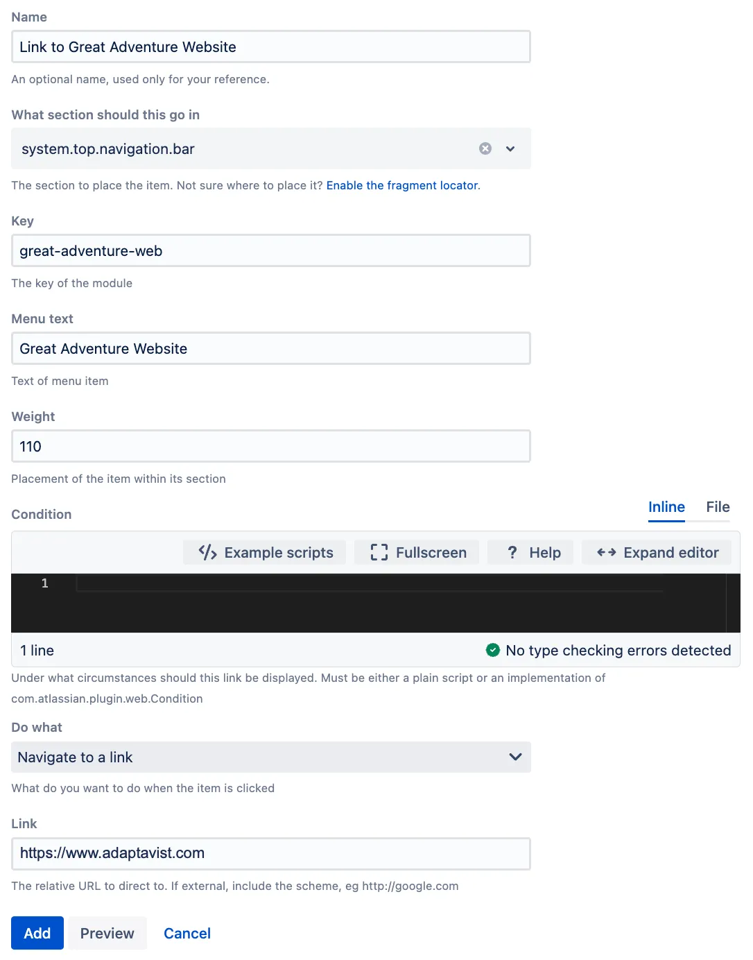 Screenshot of the ScriptRunner Create Fragment screen showing a custom web item configured for the system.top.navigation.bar location with name, key, menu text, weight, and link fields completed.