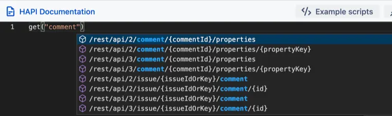 Autocomplete suggestions for the get("comment") method showing available Atlassian REST API endpoints related to issue comments.