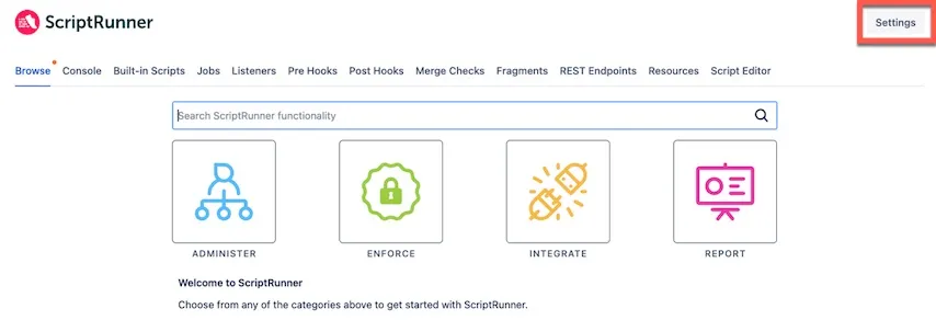 The Settings navigation options from the ScriptRunner Homepage.
