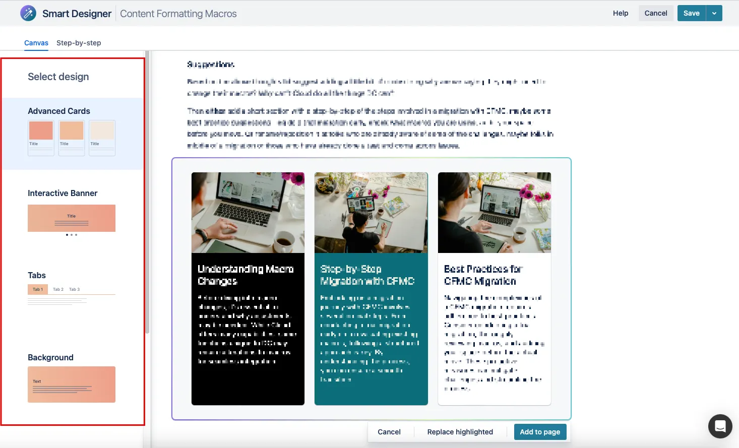 Smart Designer interface showing style and formatting options for transforming a simple page layout into a more polished design.