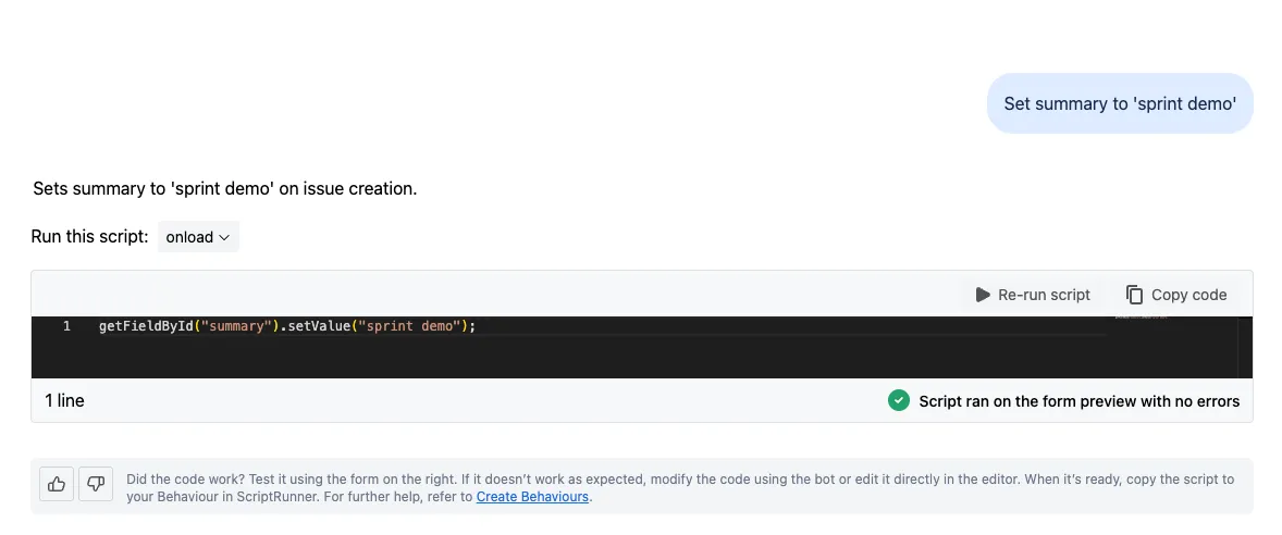 Behaviours Bot code editor showing a generated Behaviours script that sets the summary field to 'sprint demo'.