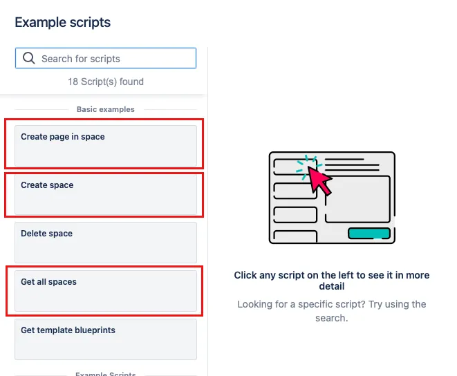 The Example scripts page with the scripts that have been updated highlighted.