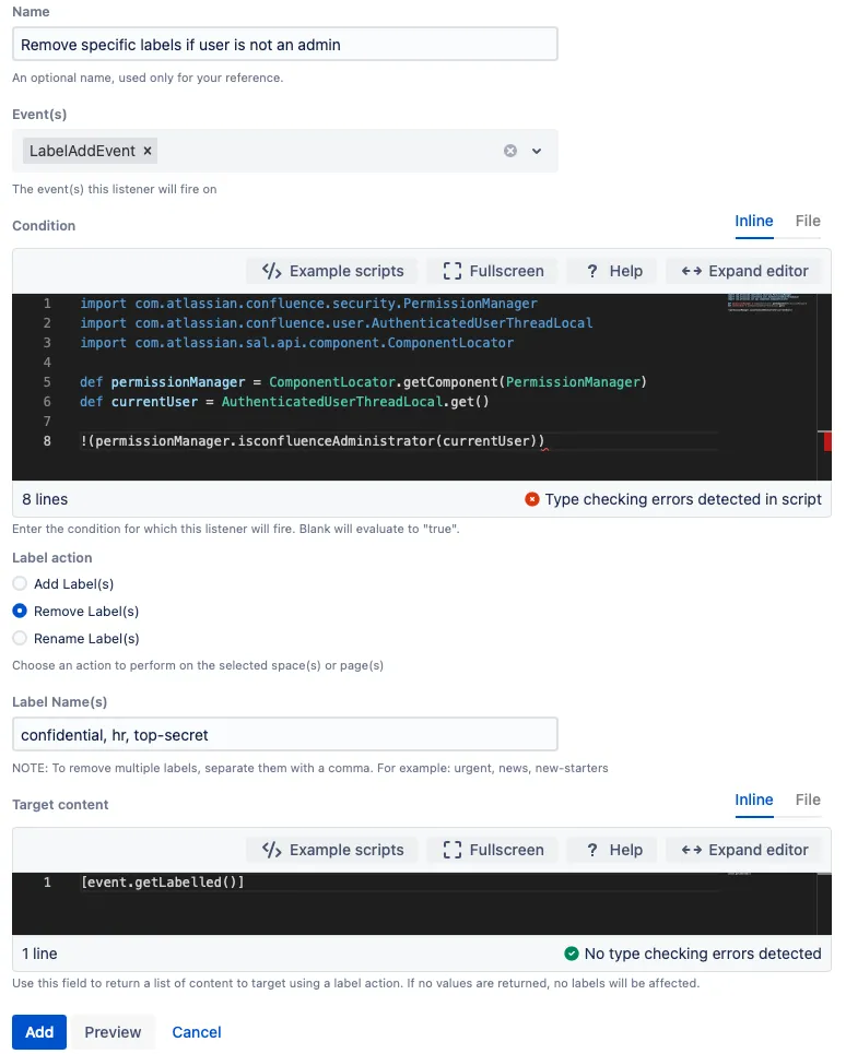The example script with the specified configuration details.