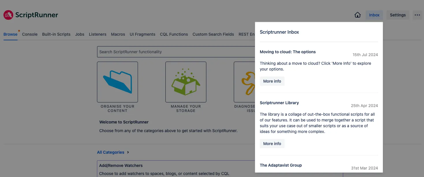 The Inbox feature in the ScriptRunner Homepage.