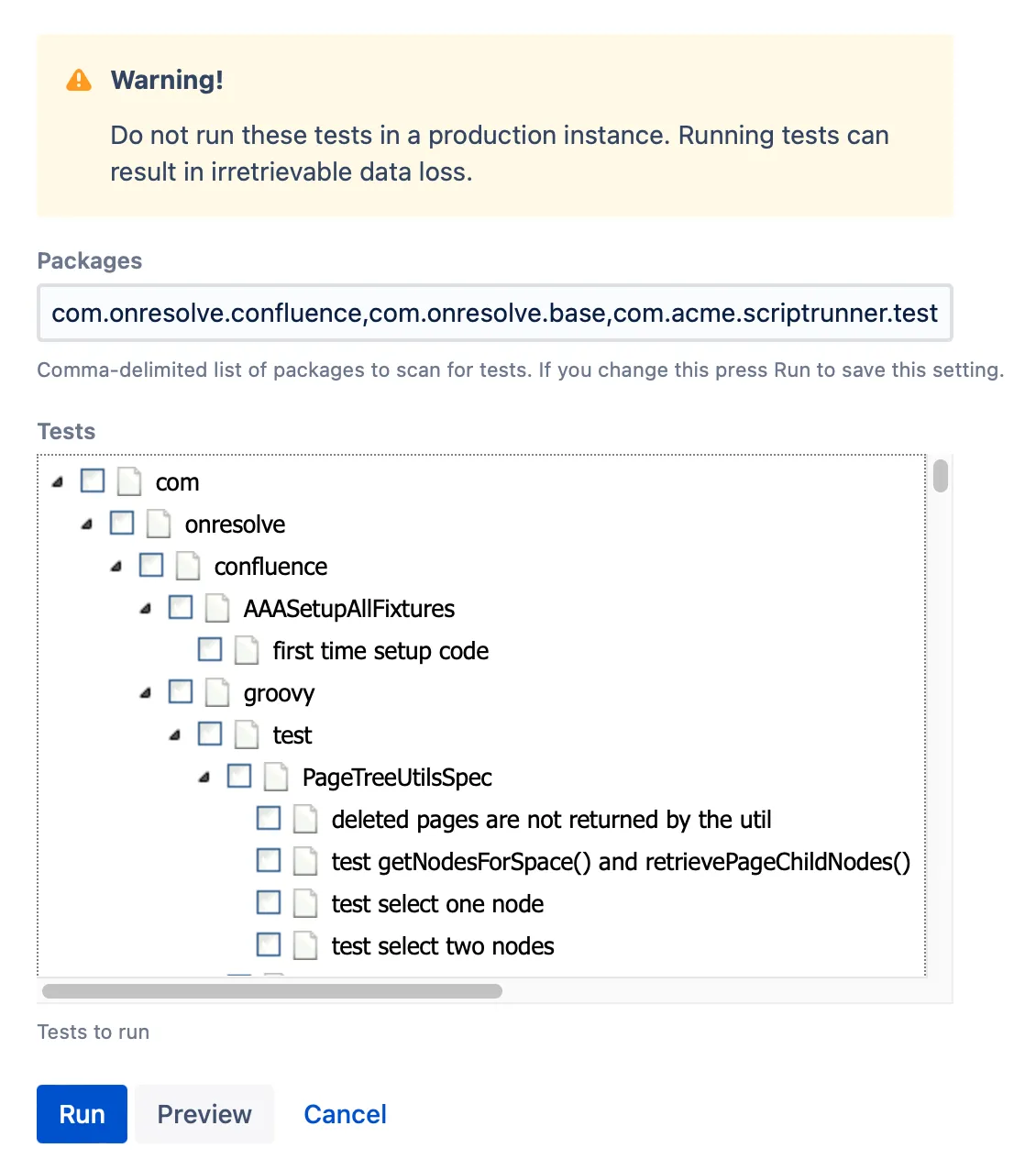 The Test Runner script form.