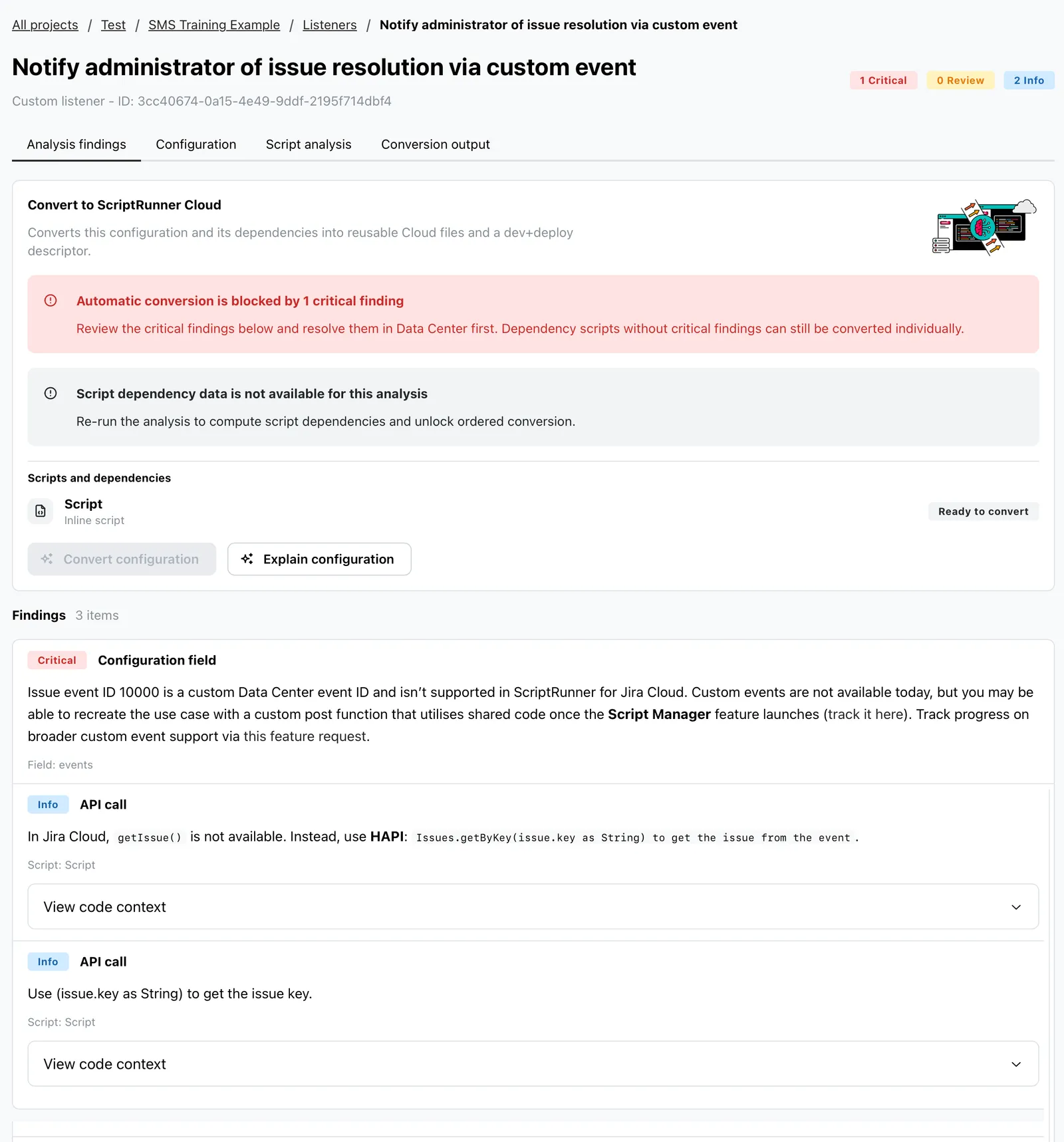 Detailed script overview page showing message counts and tabs