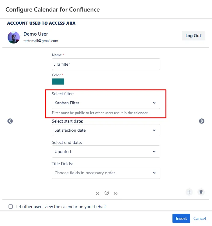 Calendar for Confluence interface showing a Jira project selected in the "Select project / Select filter" field and the resulting events displayed on the calendar.