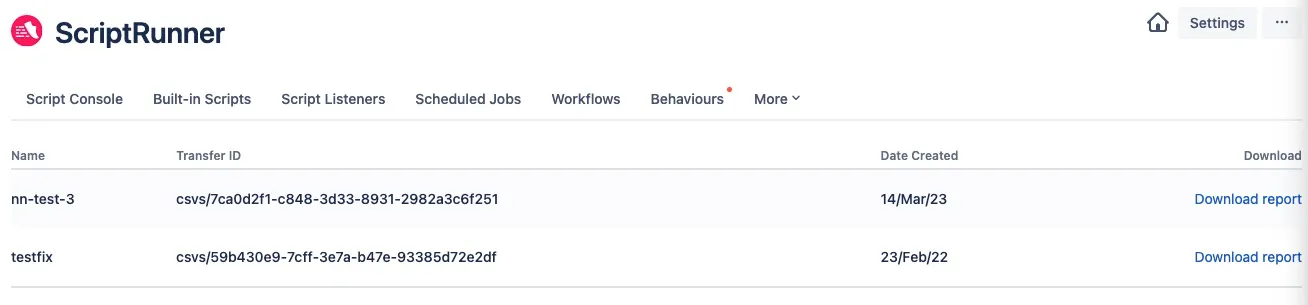 Migration Reports screen in ScriptRunner for Jira Cloud showing a list of migration reports with status, project, and download options.