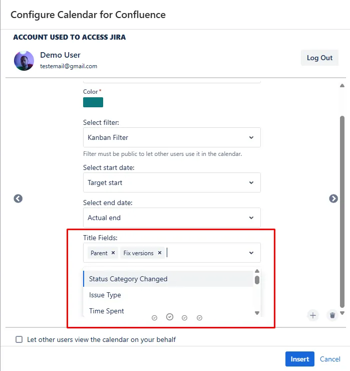 Calendar for Confluence interface highlighting the Title Fields section, indicating where to configure the issue title display for Jira-based calendar events.