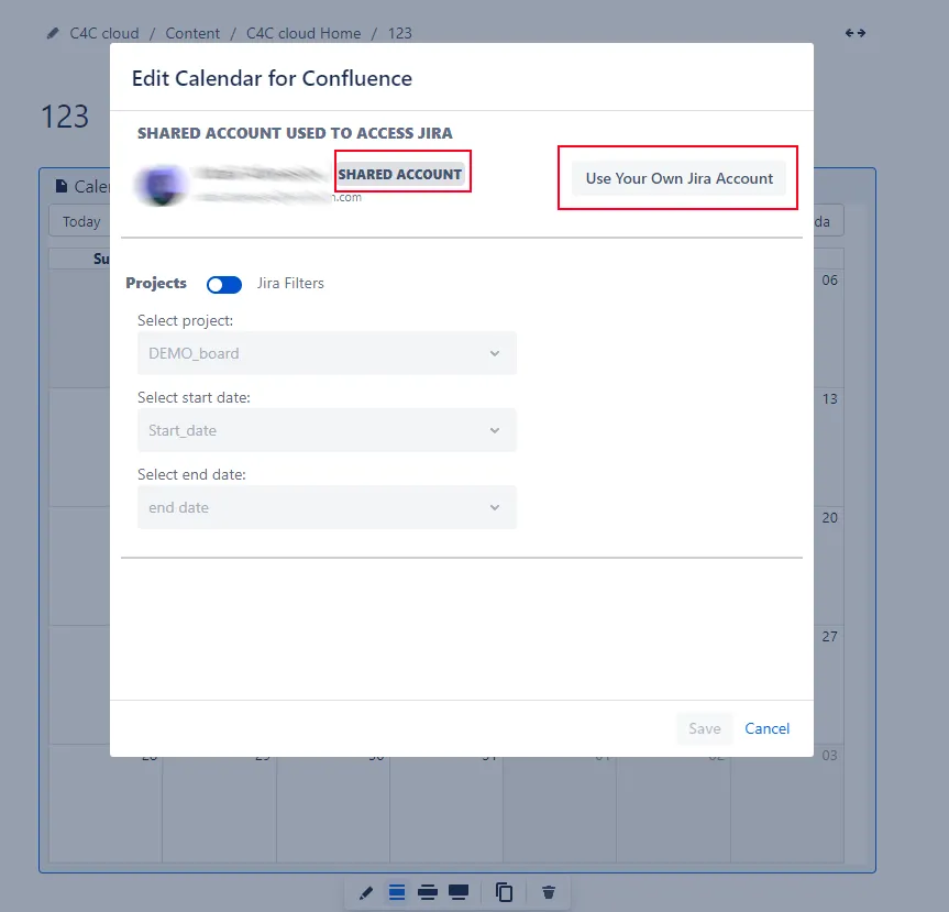 Calendar for Confluence macro configuration dialog showing the option "Use Your Own Jira Account"