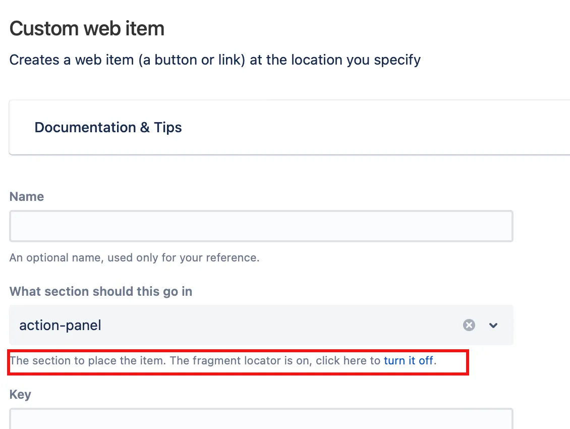 The option to disable the fragment locator in the Custom web item UI.
