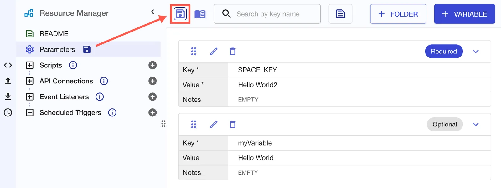The Save option highlighted in the Parameters section of the Resource Manager screen.