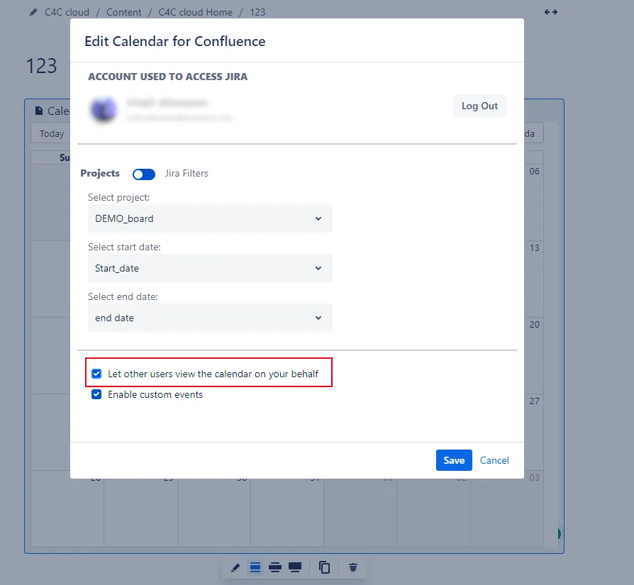 Calendar for Confluence settings dialog showing the "Let other users view the calendar on your behalf" checkbox enabled