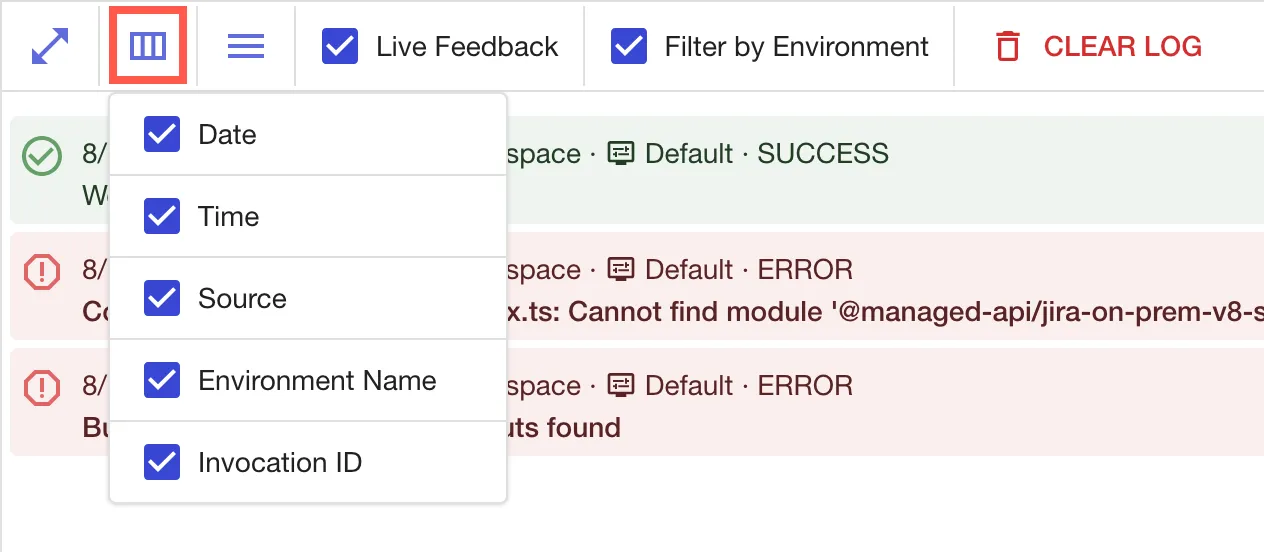 The log filter option highlighted.