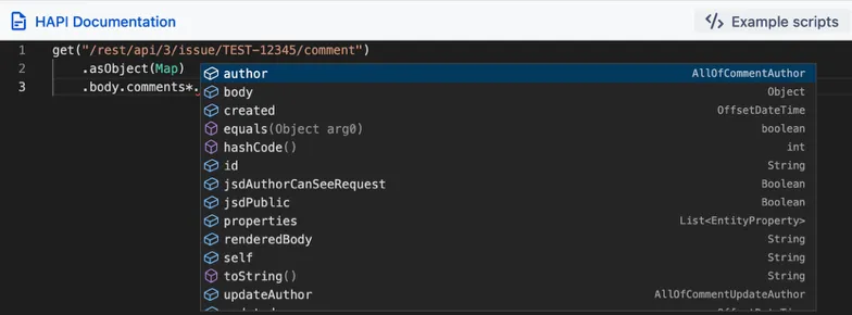 Autocomplete suggestions for the body.comments.author property showing available fields on the author object.