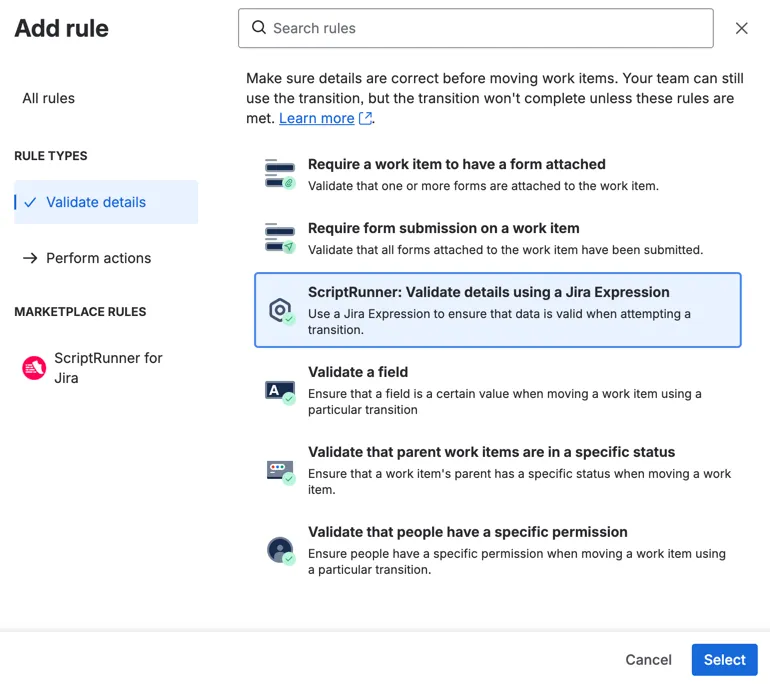 Select ScriptRunner Validate details using a Jira Expression in the Validate details dialog.