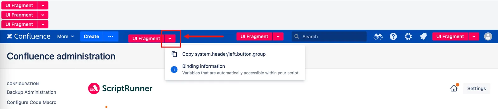 The Binding Information option shown in the UI Fragment menu.