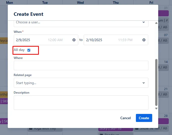 All day checkbox selected in the event creation form indicating an all-day event