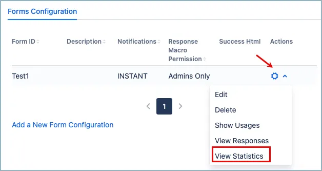 Forms for Confluence tab showing a list of forms with the cog icon menu open and the View Statistics option highlighted