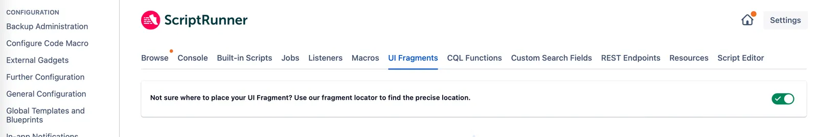 The UI Fragments tab in the ScriptRunner main menu.