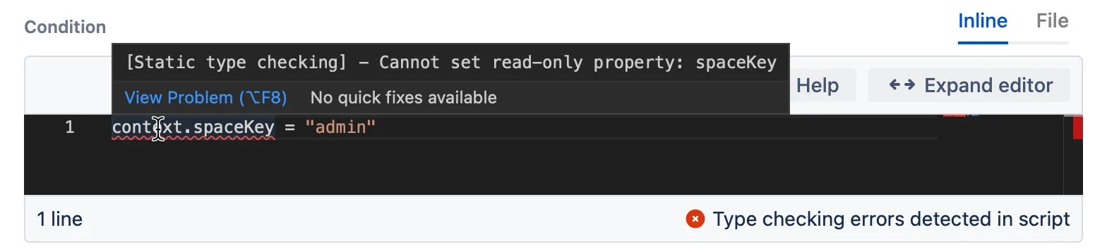 An example script fragment to check if the user is in a specific space, with an error.