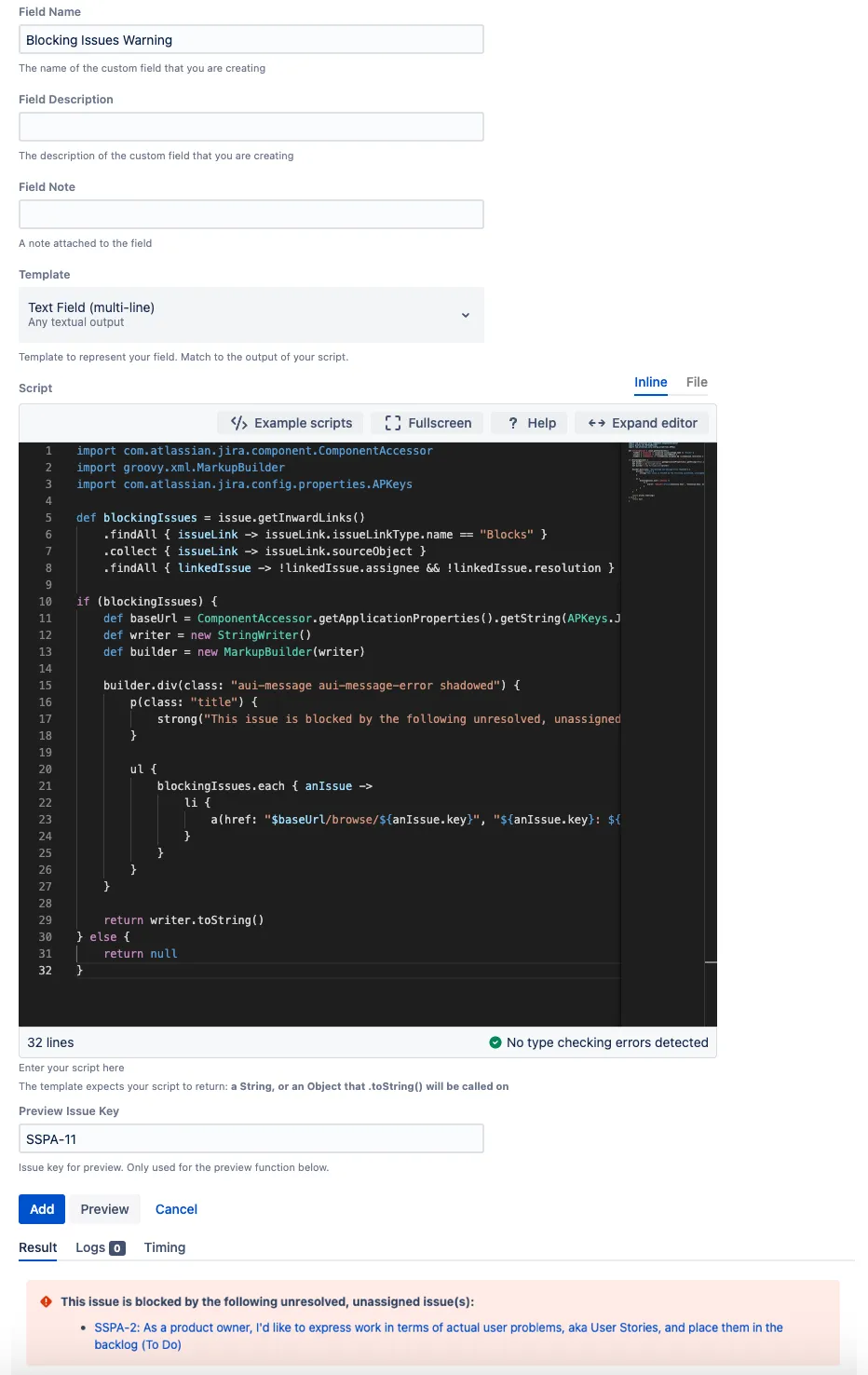 Blocking Issues Warning custom field added to the Jira issue