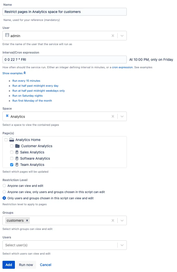 The script form with example content.