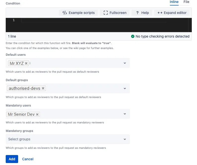 Form showing populated listener configuration fields for automatically adding reviewers to all pull requests.