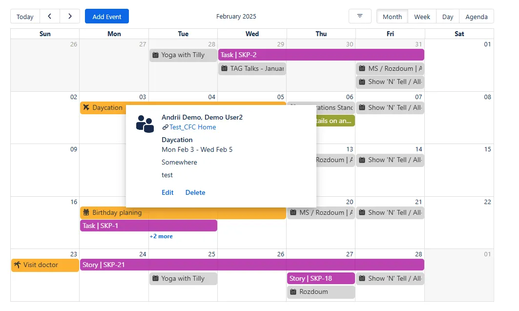 Calendar view showing a custom event with options to view, edit, or delete the event.
