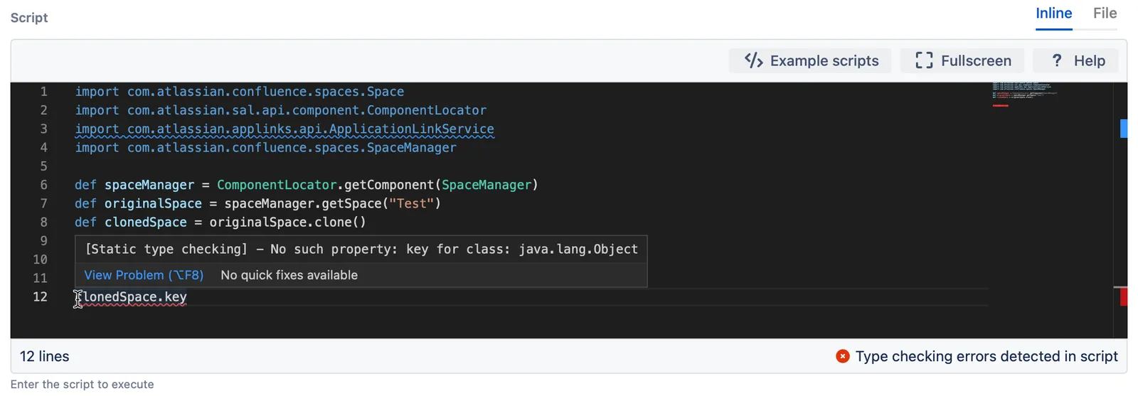 A script for retrieving an existing space, cloning it, and attempting to access the key, flagged with errors.