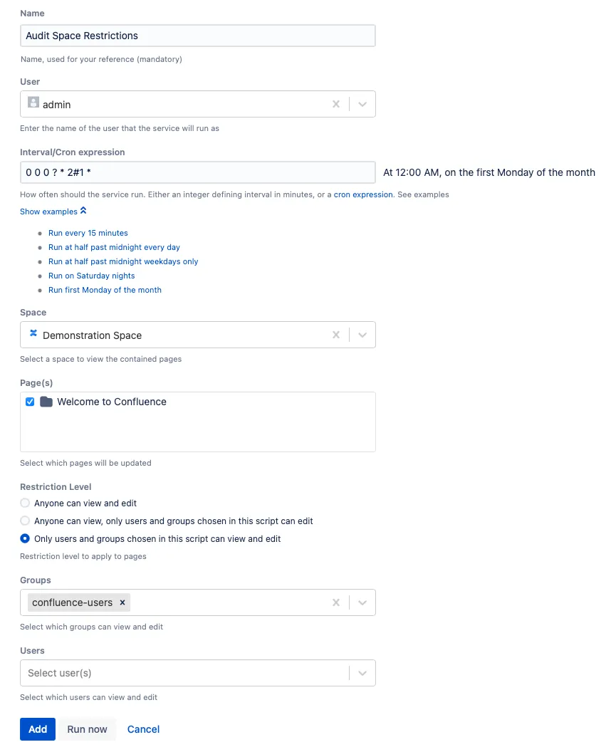 The script form with example content.