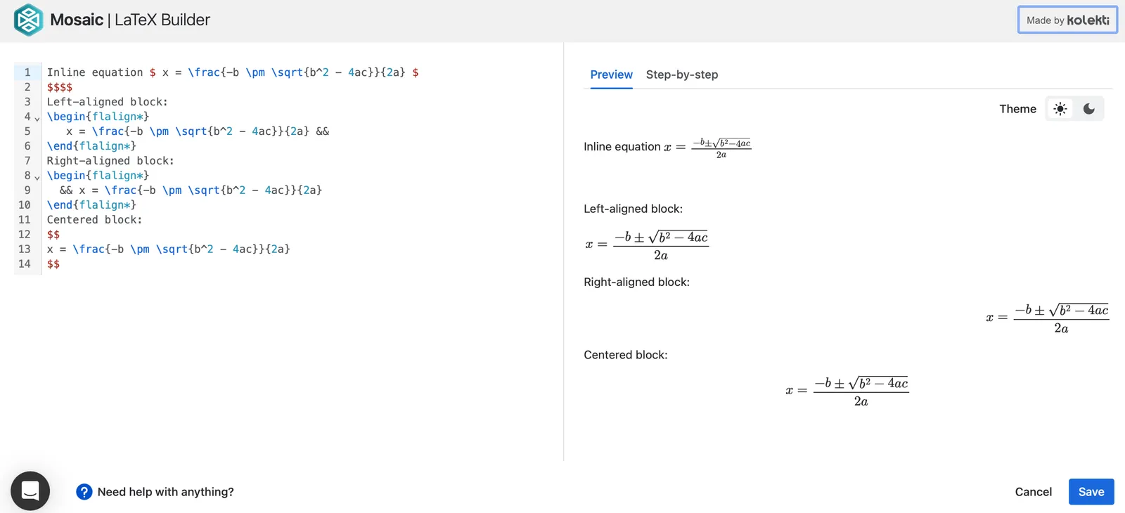 LaTeX Builder macro interface showing the code editor on the left and a live equation preview on the right