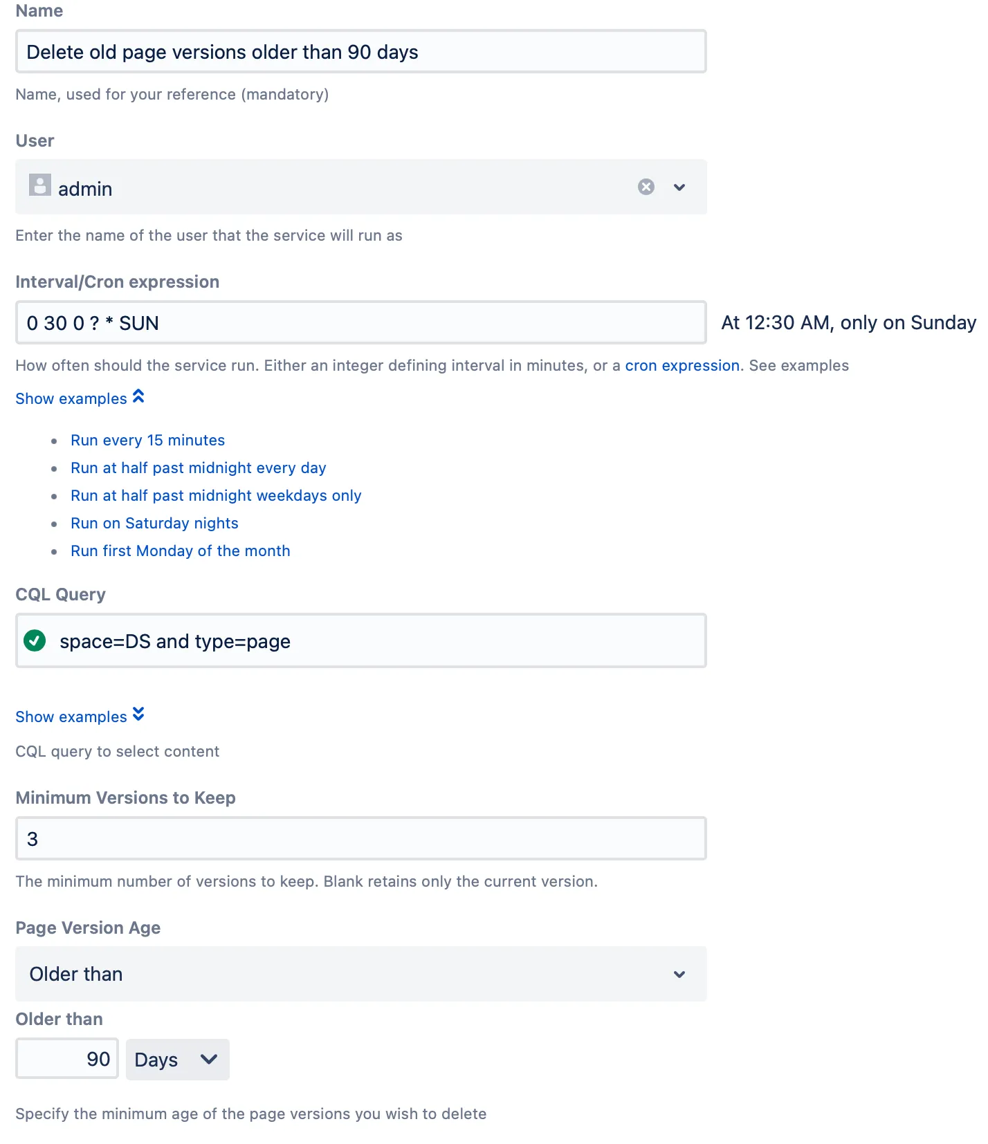 The example script with the specified configuration details.